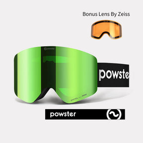 Powster Asteroid ZEISS Bonus Lens Ski Goggles Green Lenses With Black White Straps