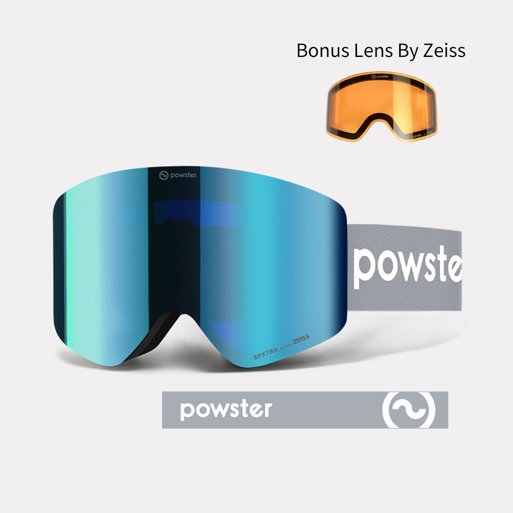 Powster Asteroid ZEISS Bonus Lens Ski Goggles Blue Lenses With Green White Straps