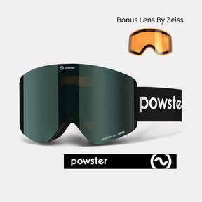 Powster Asteroid ZEISS Bonus Lens Ski Goggles Green Lenses With Black White Straps