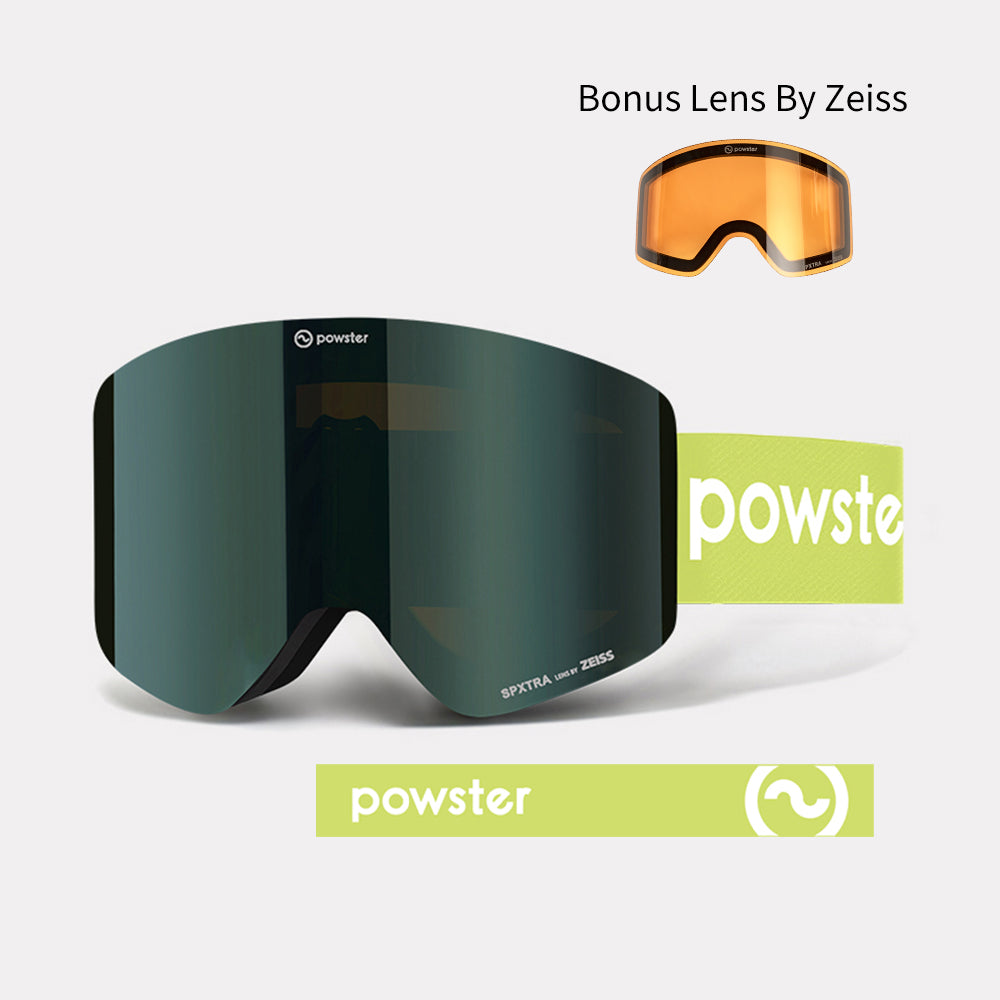 Powster Asteroid ZEISS Bonus Lens Ski Goggles Green Lenses With Green White Straps