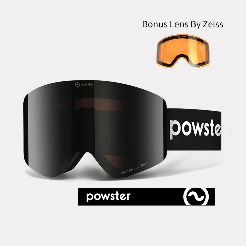 Powster Asteroid ZEISS Bonus Lens Ski Goggles Black Lenses With Black White Straps