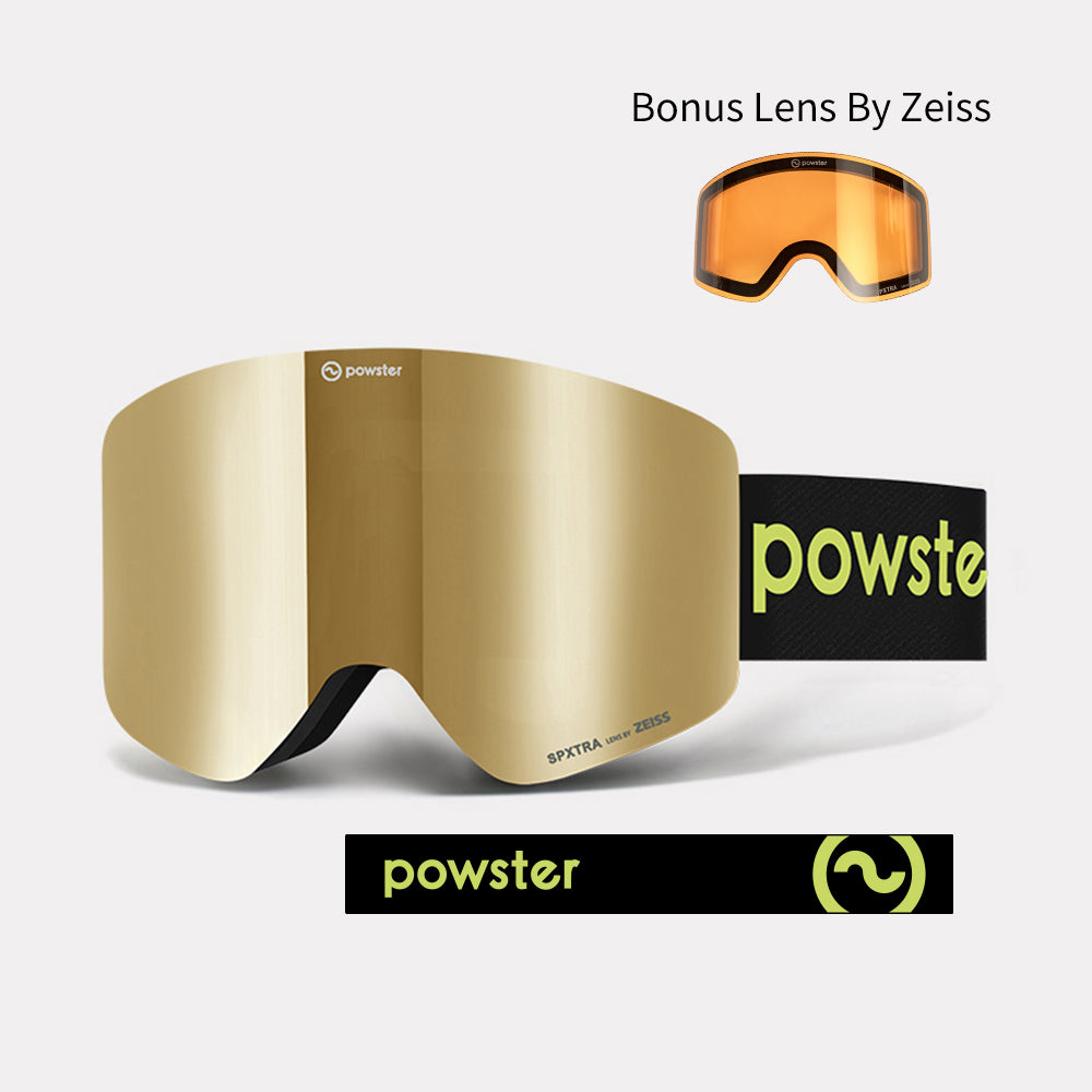 Powster Asteroid ZEISS Bonus Lens Ski Goggles Gold Lenses With Black Yellow Straps